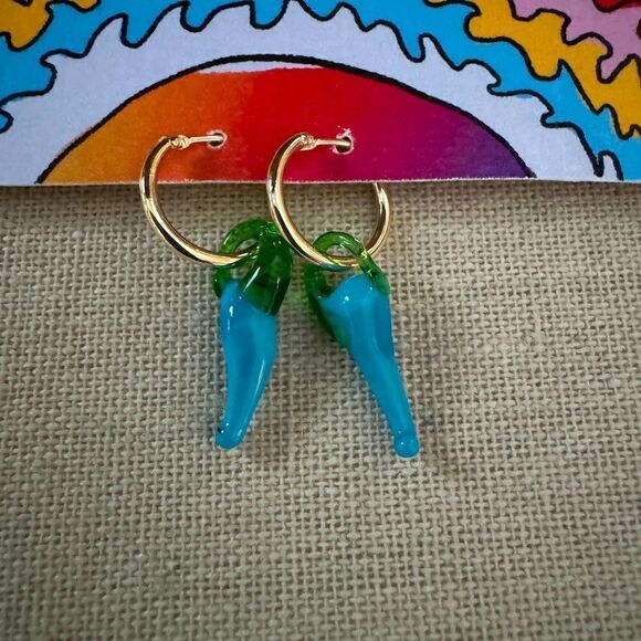 Turquoise glass peppercino 14k gold plated hoop drop earrings NWT - Picture 4 of 6